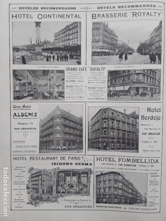 Coleccionismo de revistas y peri&oacute;dicos: HOTELES SAN SEBASTIAN CONTINENTAL,ALBENIZ ,BERDEJO,FOMBELLIDA ,DE PARIS ,ROYALTY HOJA A&Ntilde;O 1927