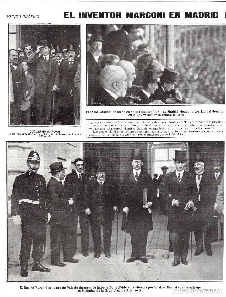 Collection Magazines and Newspapers: 1912 HOJA REVISTA MADRID INVENTOR MARCONI GRAN CRUZ DE ALFONSO XIII, PLAZA DE TOROS VIENDO A GALLITO