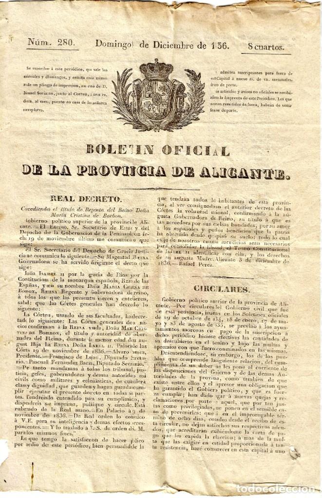 Collezionismo di Riviste e Giornali: Bolet&iacute;n Oficial de la Provincia de Alicante - n&ordm; 280 - 04.12.1836 - 8 cuartos - Precursor Uber