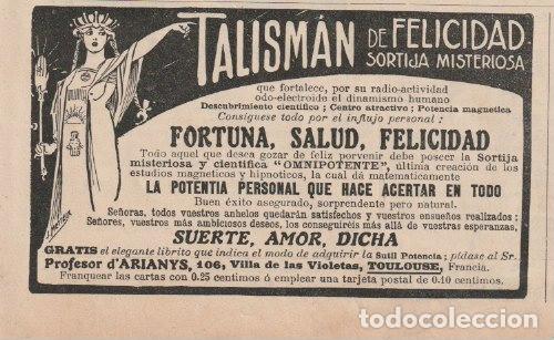 Coleccionismo de Revistas y Peri&oacute;dicos: Publicidad talism&aacute;n de felicidad sortija misteriosa - 1909