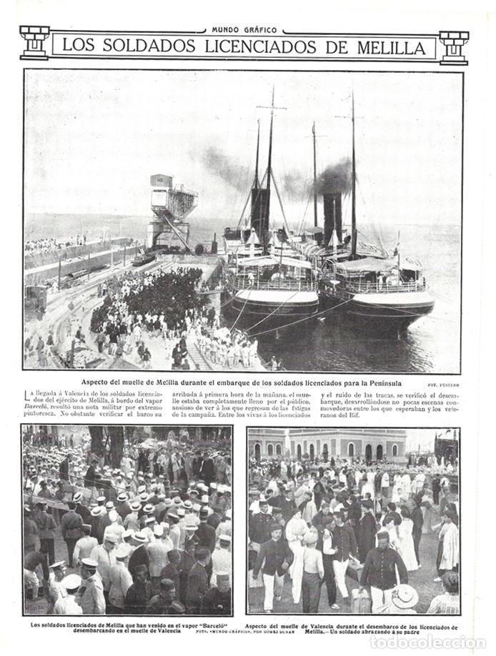 Coleccionismo de Revistas y Peri&oacute;dicos: 1912 HOJA REVIST MELILLA PUERTO BARCOS DE VAPOR EMBARQUE SOLDADOS LICENCIADOS DESEMBARCO EN VALENCIA