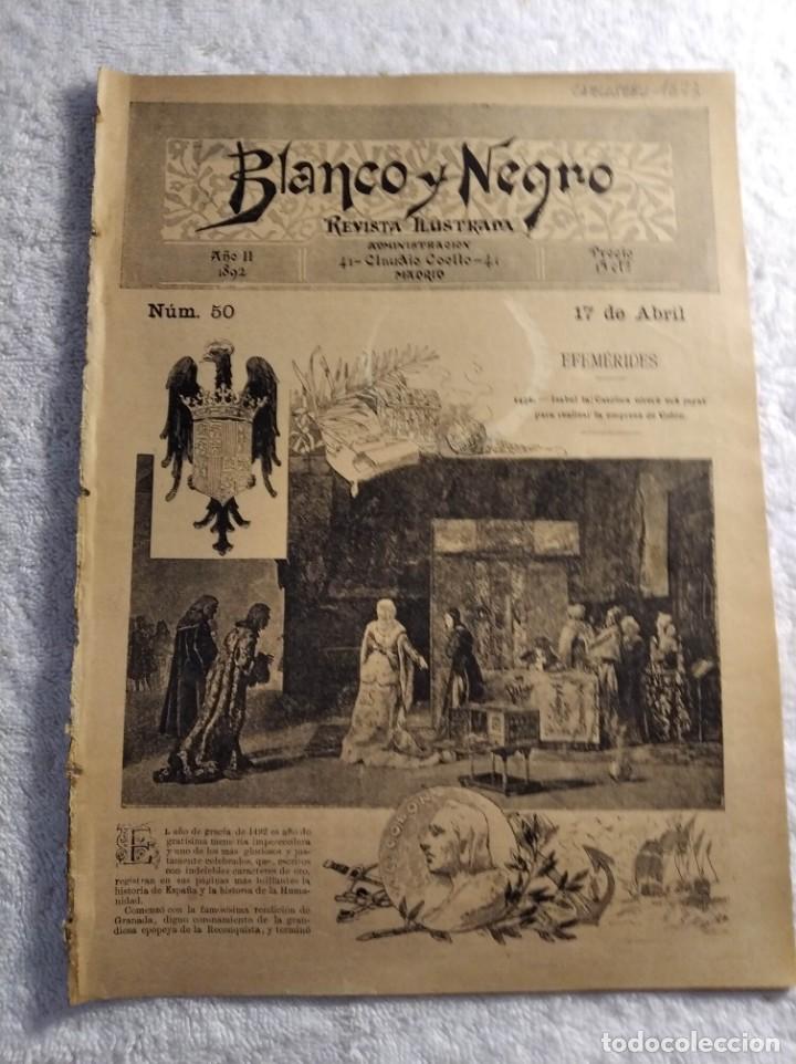 Coleccionismo de revistas y peri&oacute;dicos: BLANCO Y NEGRO. N&ordm; 50. A&Ntilde;O 1892. CUADRO DEL PINTOR FONTANA (LA MADONA). RECUERDOS DE SEMANA SANTA EN