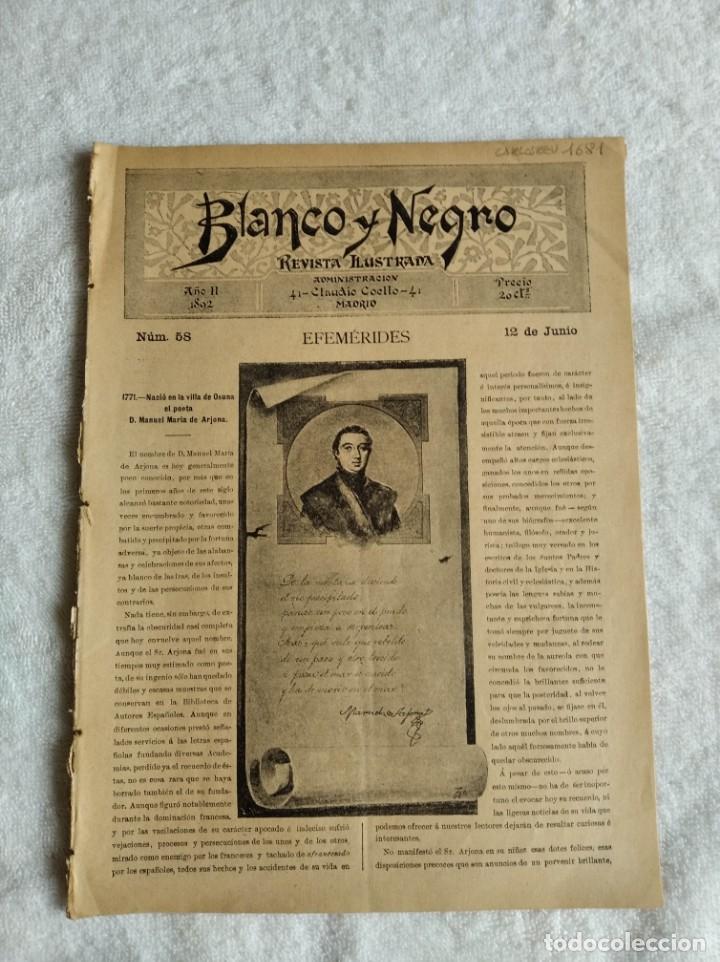 Collezionismo di Riviste e Giornali: BLANCO Y NEGRO. N&ordm; 58. A&Ntilde;O 1892. DON MANUEL MAR&Iacute;A DE ARJONA. LA ORACI&Oacute;N DEL SANTO (NOVELA). LA MISA