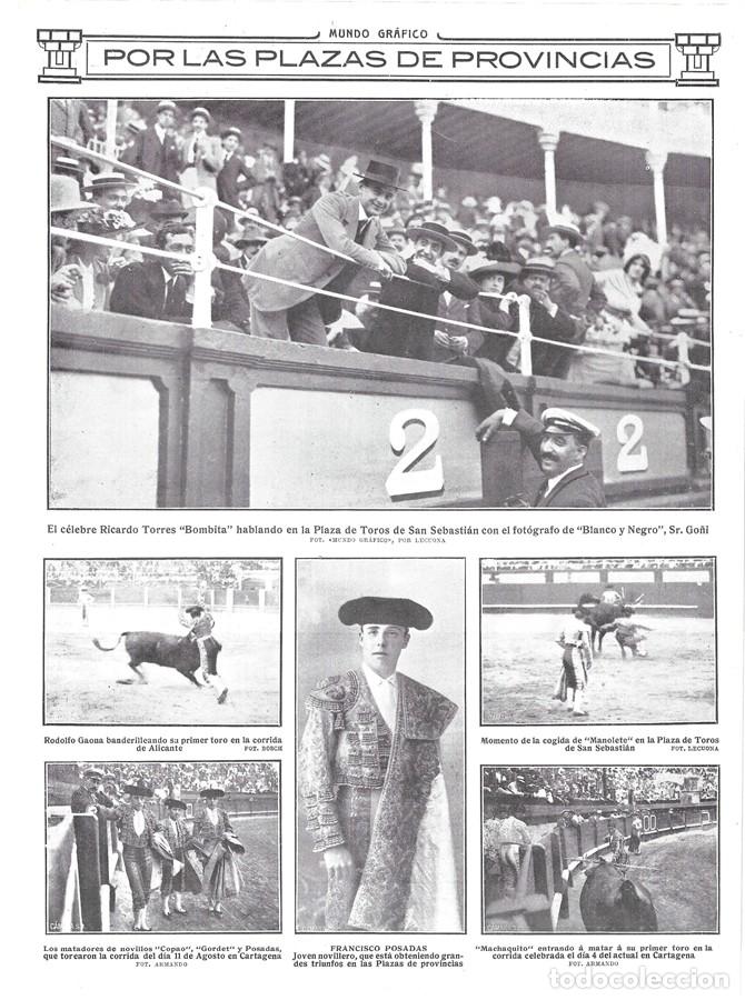 Coleccionismo de Revistas y Peri&oacute;dicos: 1912 HOJA REVISTA SAN SEBASTI&Aacute;N PLAZA DE TOROS RICARDO TORRES 'BOMBITA' COGIDA DE MANOLETE