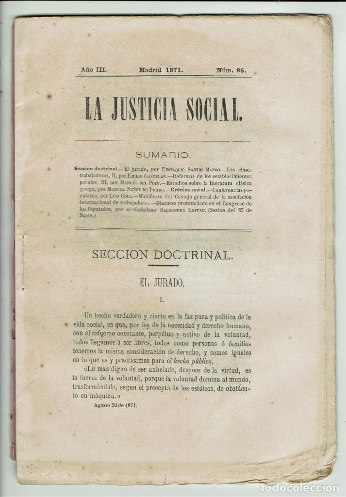 Coleccionismo de revistas y peri&oacute;dicos: LA JUSTICIA SOCIAL. A&Ntilde;O III. N&ordm; 85. 1871 (MENORCA 6.8)