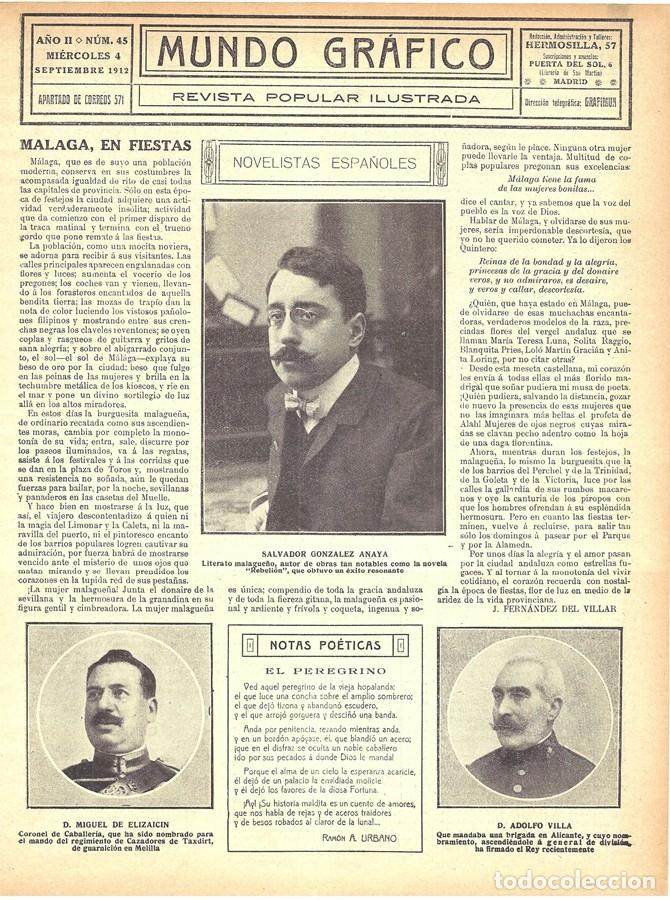 Sammeln von Zeitschriften und Zeitungen: 1912 HOJA REVISTA M&Aacute;LAGA ESCRITOR NOVELISTA SALVADOR GONZ&Aacute;LEZ ANAYA NOVELA 'REBELI&Oacute;N'