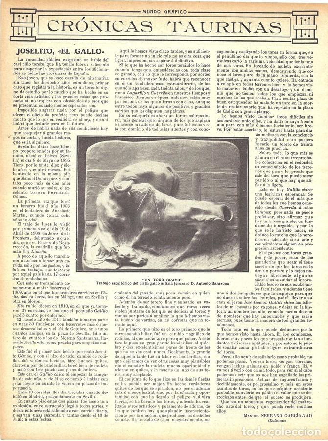Coleccionismo de Revistas y Peri&oacute;dicos: 1912 HOJA REVISTA TOROS ART&Iacute;CULO SOBRE JOS&Eacute; G&Oacute;MEZ ORTEGA JOSELITO 'EL GALLO' GALLITO III