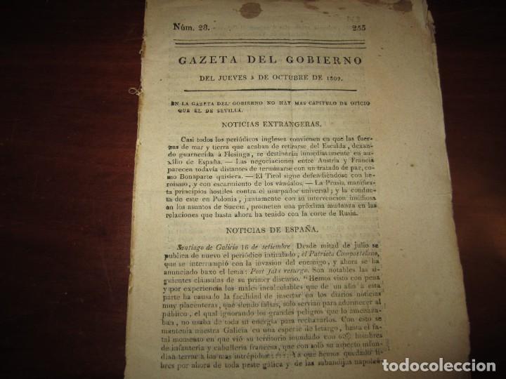 Collectionnisme de Revues et Journaux: GAZETA DEL GOBIERNO ( SUSTITUYO A LA GAZETA DE MADRID) NUM.28 JUEVES 5 DE OCTUBRE DE 1809 SEVILLA