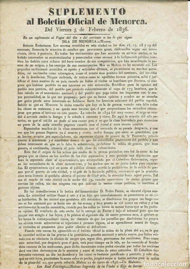 Coleccionismo de revistas y peri&oacute;dicos: SUPLEMENTO AL BOLET&Iacute;N OFICIAL DE MENORCA DEL VIERNES 5 DE FEBRERO DE 1836 (1.8)