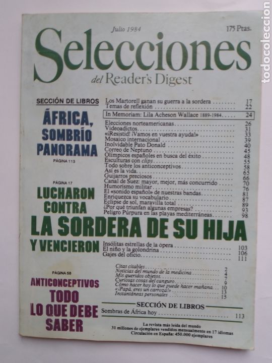 Coleccionismo de revistas y peri&oacute;dicos: SELECCIONES DEL READER&acute;S DIGEST.TOMO LXXXVIII N&ordm; 524-JULIO 1984-AFRICA-SORDERA-ANTICONCEPTIVOS-