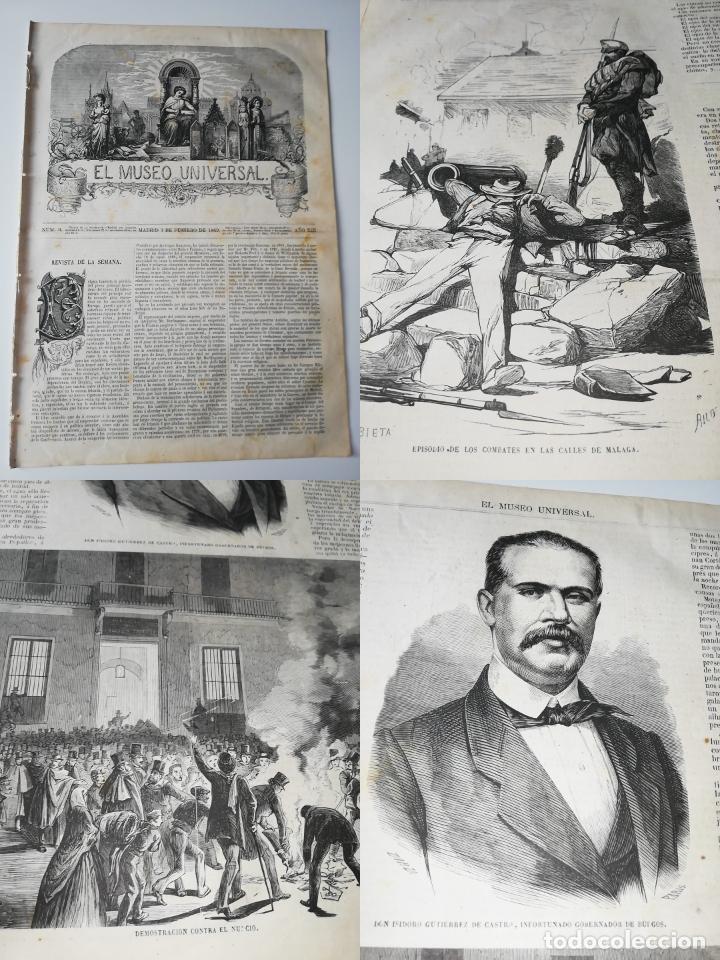 Collezionismo di Riviste e Giornali: EL MUSEO UNIVERSAL. N&ordm;6, febrero 1869. Grabados: Demostraci&oacute;n contra el Nuncio, combate en M&aacute;laga...