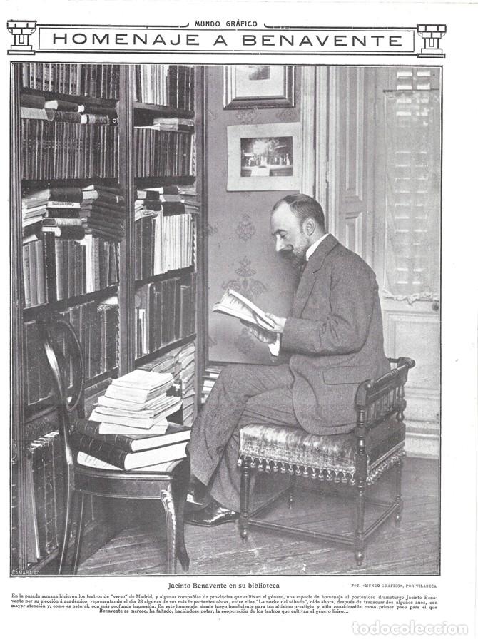 Coleccionismo de Revistas y Peri&oacute;dicos: 1912 HOJA REVISTA HOMENAJE A ESCRITOR DRAMATURGO JACINTO BENAVENTE EN SU BIBLIOTECA