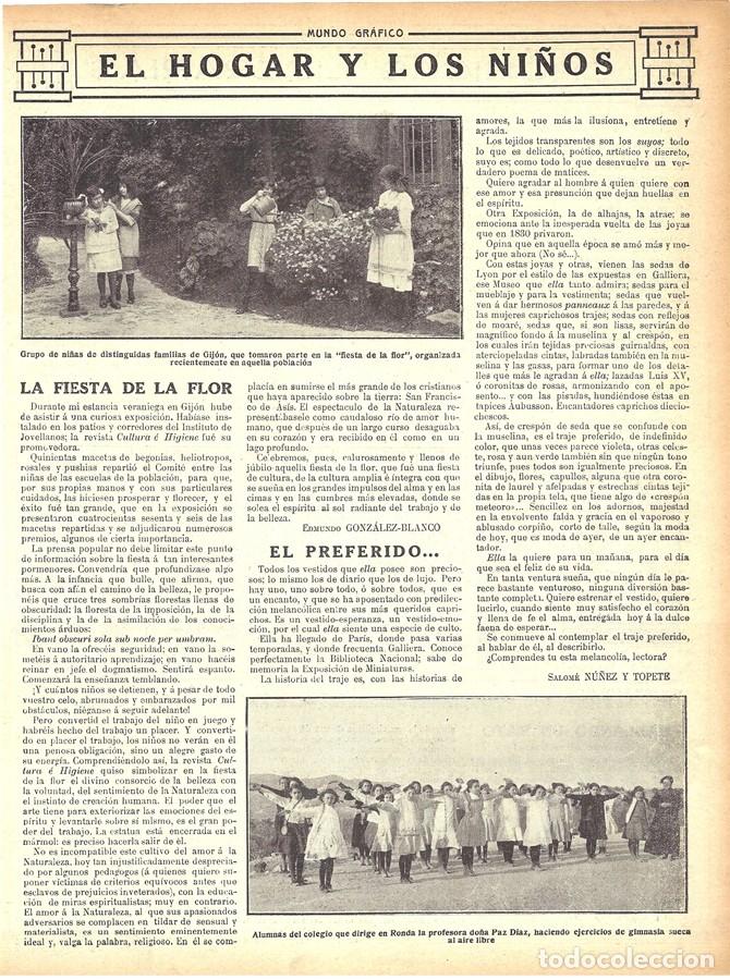 Coleccionismo de Revistas y Peri&oacute;dicos: 1912 HOJA REVISTA NI&Ntilde;AS - ASTURIAS GIJ&Oacute;N FIESTA DE LA FLOR - M&Aacute;LAGA RONDA GIMNASIA SUECA COLEGIO
