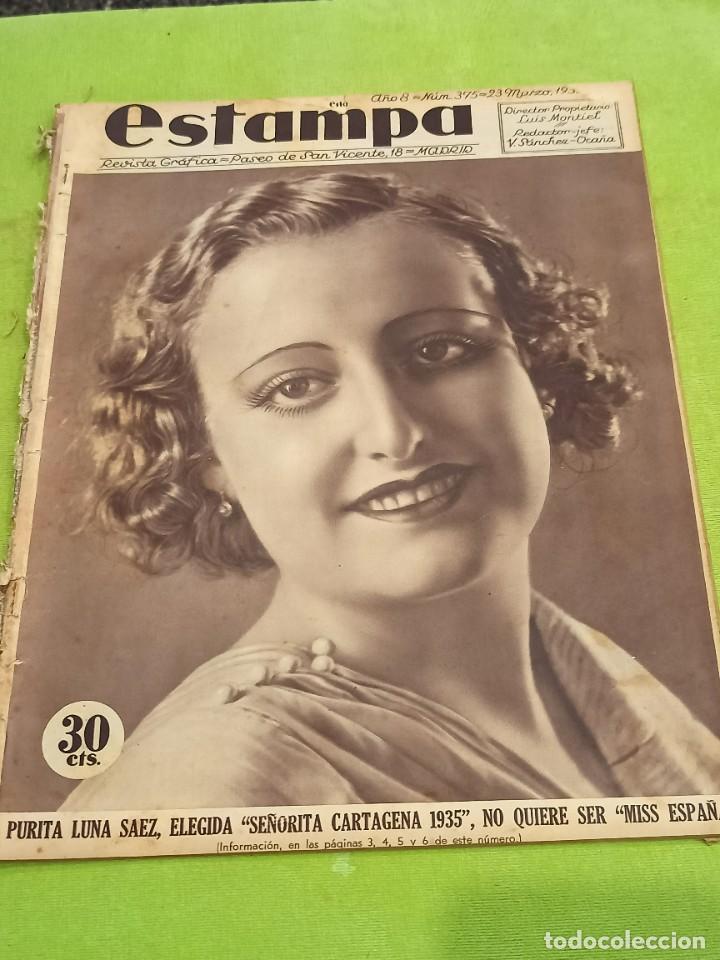 Collectionnisme de Revues et Journaux: ESTAMPA N&ordm; 375 (23/03/1935) MISS CARTAGENA ZORITA PONFERRADA MONFORTE PURITA LUNA CACERES SANTIAGO