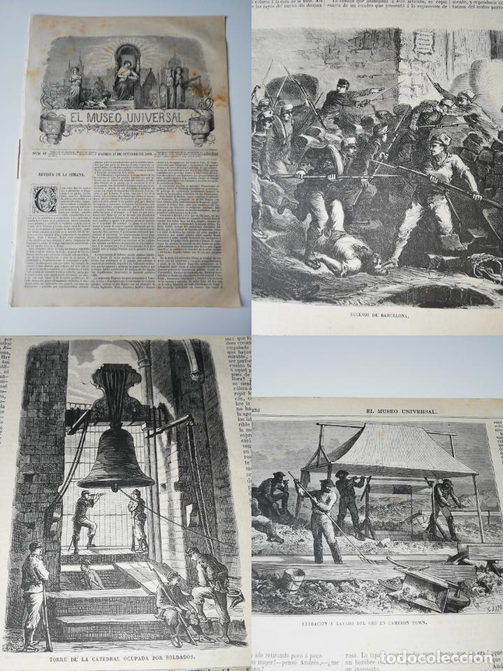 Coleccionismo de revistas y peri&oacute;dicos: EL MUSEO UNIVERSAL N&ordm;42 1869. Grabados: Ocupaci&oacute;n militar Plaza constituci&oacute;n Barcelona, C