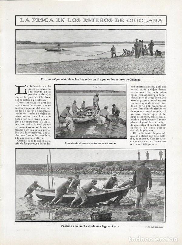 Sammeln von Zeitschriften und Zeitungen: 1908 HOJA REVISTA C&Aacute;DIZ CHICLANA LA PESCA EN LOS ESTEROS EL COPO REDES LANCHAS