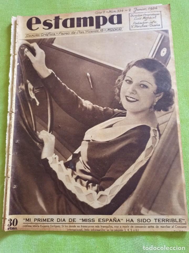 Collectionnisme de Revues et Journaux: ESTAMPA N&ordm; 334 2/06/1934 - MI 1ER DIA DE MISS ESPA&Ntilde;A - CANTO DE PAJAROS - CORPUS - ABD-EL KRIM