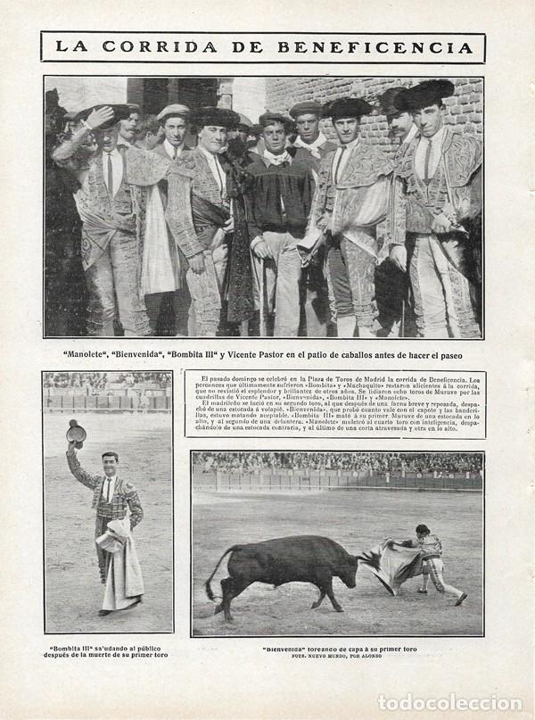 Coleccionismo de Revistas y Peri&oacute;dicos: 1908 HOJA REVISTA MADRID PLAZA DE TOROS CORRIDA DE BENEFICENCIA MANOLETE BIENVENIDA BOMBITA PASTOR