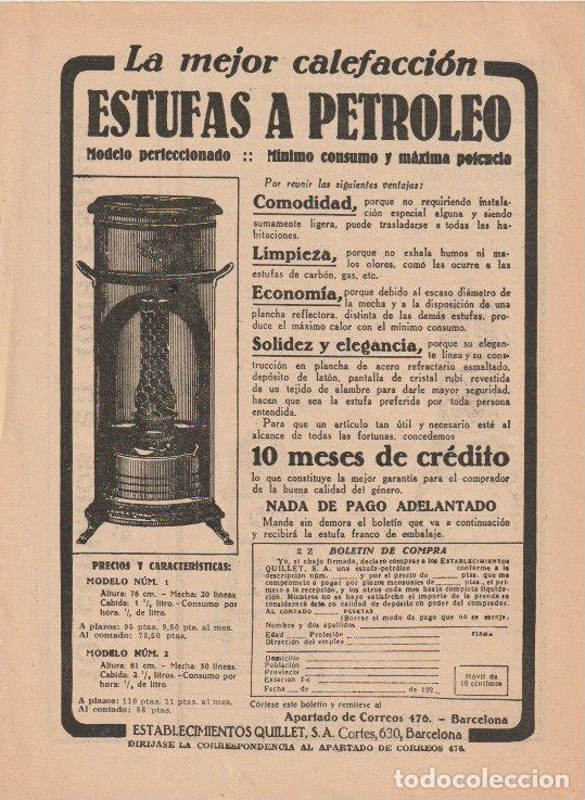 Coleccionismo de Revistas y Peri&oacute;dicos: Publicidad estufas a petr&oacute;leo de Establecimientos Quillet -1925
