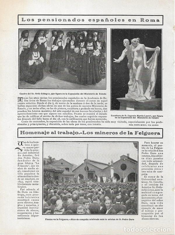Sammeln von Zeitschriften und Zeitungen: 1908 HOJA REVISTA ARTISTAS PENSIONADOS EN ROMA ESCULTOR EUGENIO MART&Iacute;N LAUREL, PINTOR ORTIZ ECHAG&Uuml;E