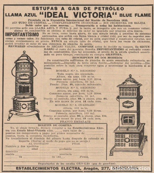 Coleccionismo de Revistas y Peri&oacute;dicos: Publicidad estufas a gas de petr&oacute;leo IDEAL &ndash;VICTORIA de Establecimientos Electra -1924