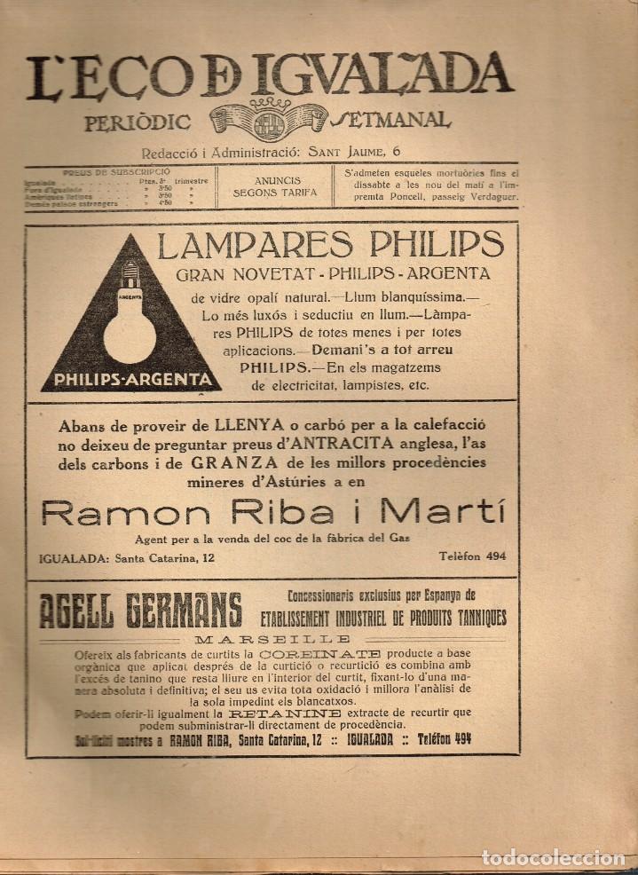 Coleccionismo de Revistas y Peri&oacute;dicos: 1923 L`ECO DE IGUALADA PERI&Ograve;DIC SETMANAL ANY IV - N&Uacute;MERO 160