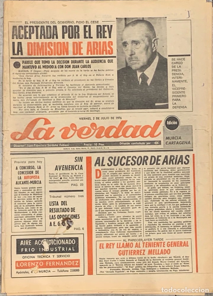 Colecionismo de Revistas e Jornais: Diario LA VERDAD de Murcia. 2 julio 1976.