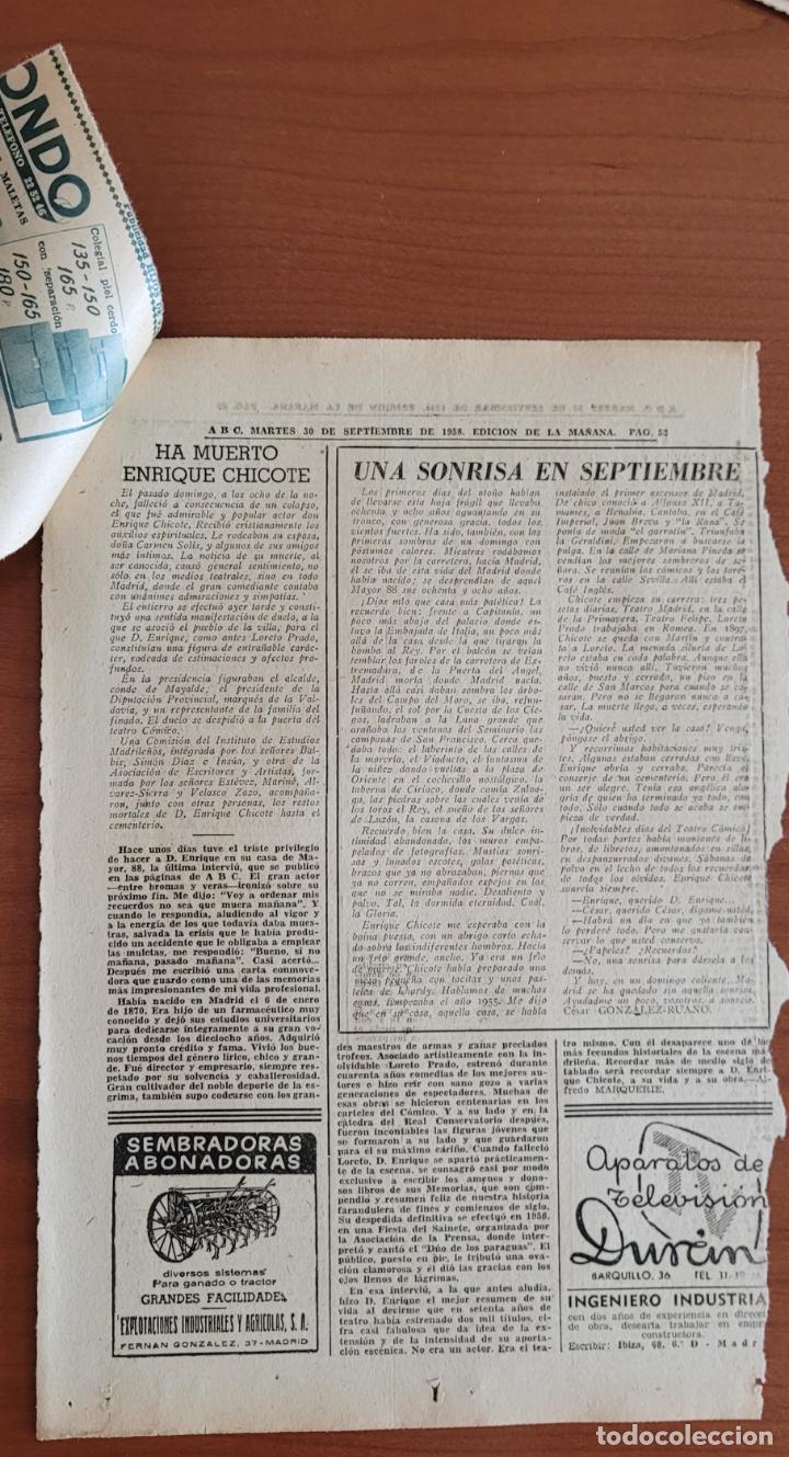 Coleccionismo de Revistas y Peri&oacute;dicos: Recortes ABC 20-9-58 Fallecimiento Enrique Chicote