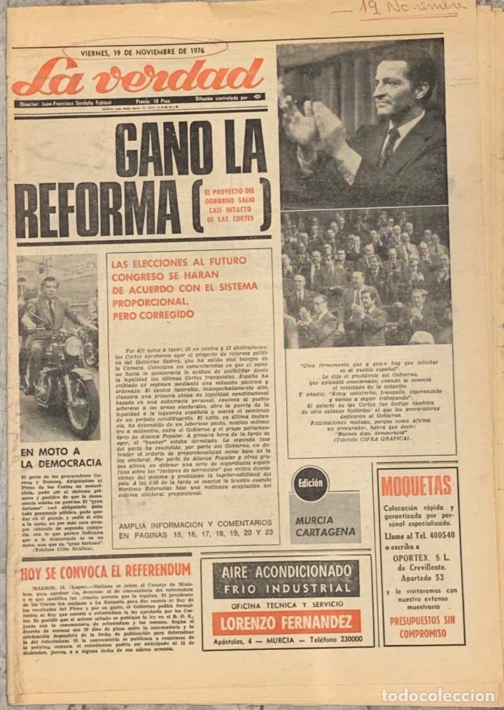Coleccionismo de Revistas y Peri&oacute;dicos: Diario LA VERDAD de Murcia. 19 noviembre 1976.