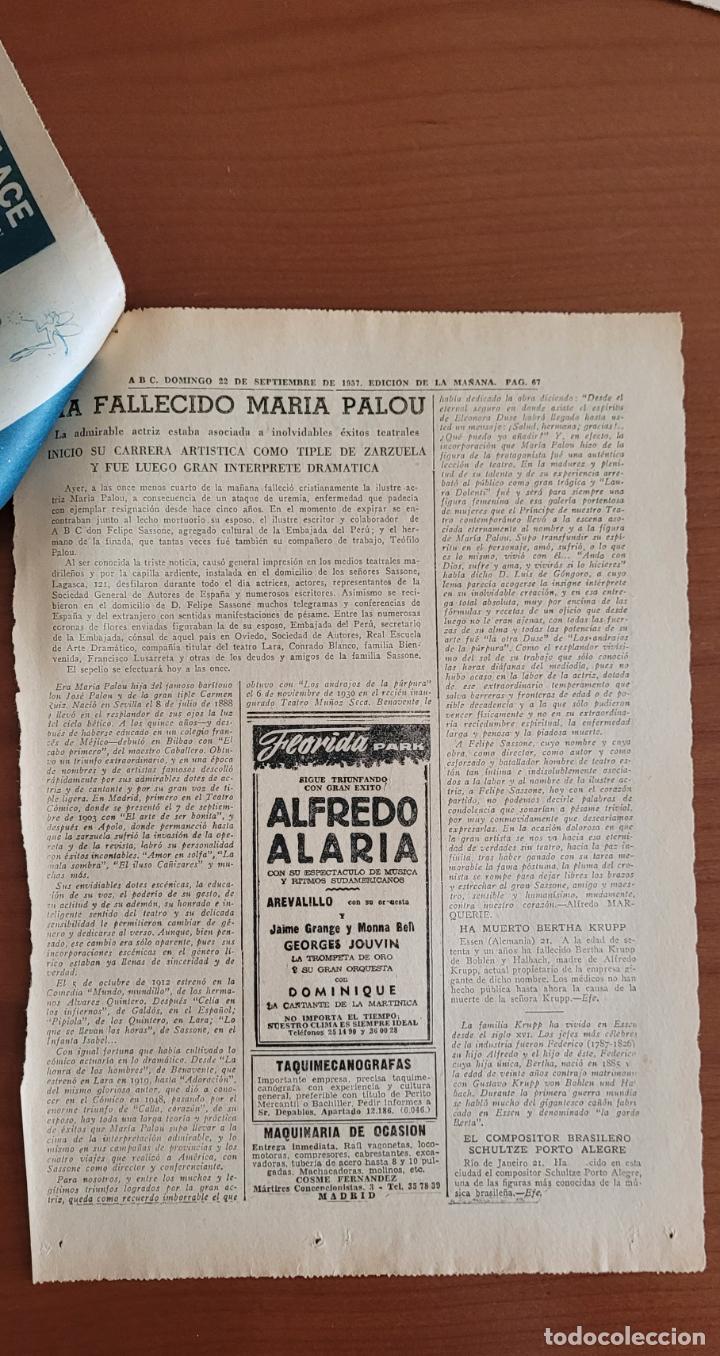 Coleccionismo de Revistas y Peri&oacute;dicos: Recortes ABC 22-9-57 Fallecimiento de Mar&iacute;a Palau