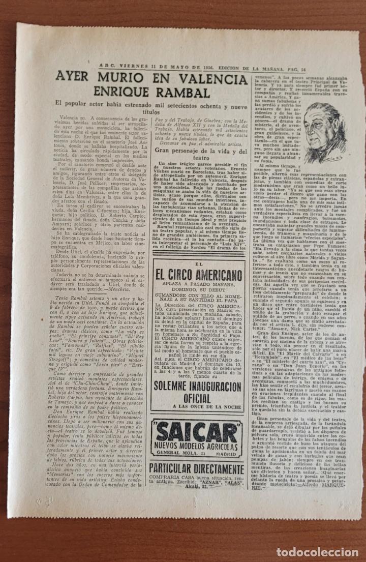 Coleccionismo de Revistas y Peri&oacute;dicos: Recorte ABC 11-5-56 Fallecimiento de Enrique Rambal