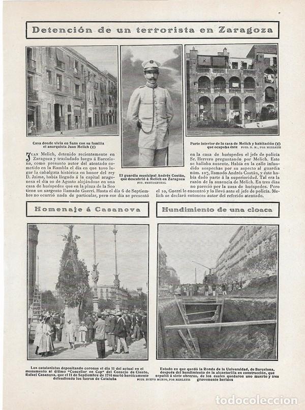 Coleccionismo de Revistas y Peri&oacute;dicos: 1908 HOJA REVISTA ZARAGOZA DETENCI&Oacute;N DEL TERRORISTA JUAN MELICH, GUARDIA MUNICIPAL ANDR&Eacute;S COST&Aacute;N
