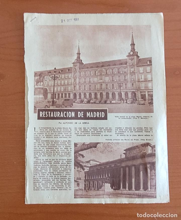 Coleccionismo de Revistas y Peri&oacute;dicos: Recortes ABC 21-10-1961 Restauraci&oacute;n de Madrid. Plaza Mayor