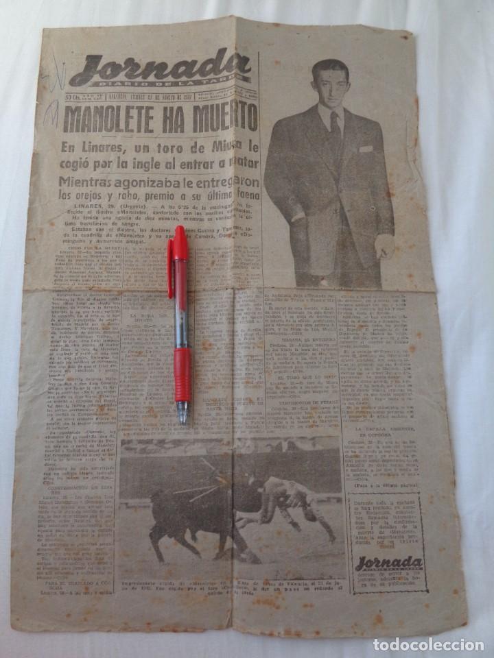 Coleccionismo de Revistas y Peri&oacute;dicos: REVISTA TOROS , PERIODICO JORNADA VALENCIA DE LA TARDE, MANOLETE HA MUERTO - 29/8/1947 - ORIGINAL
