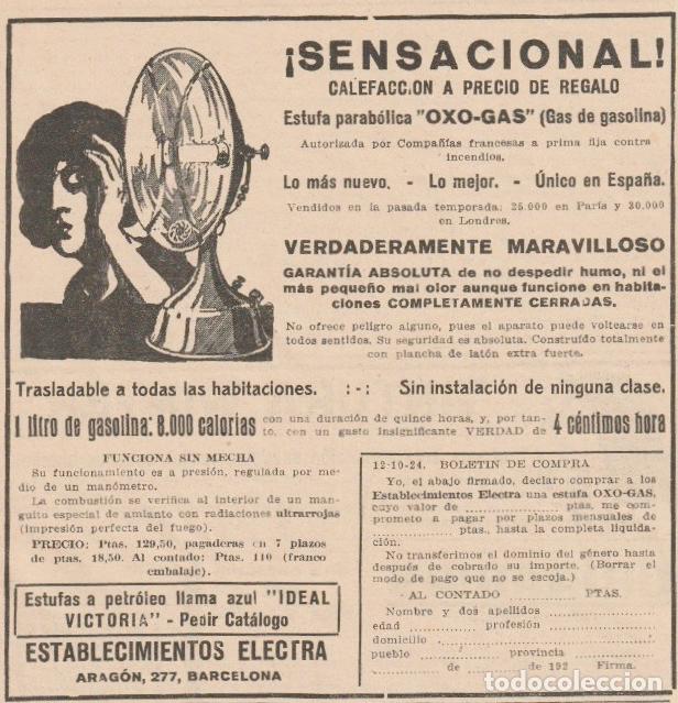 Coleccionismo de Revistas y Peri&oacute;dicos: Publicidad estufa parab&oacute;lica OXO-GAS ( Gas de gasolina) - 1924