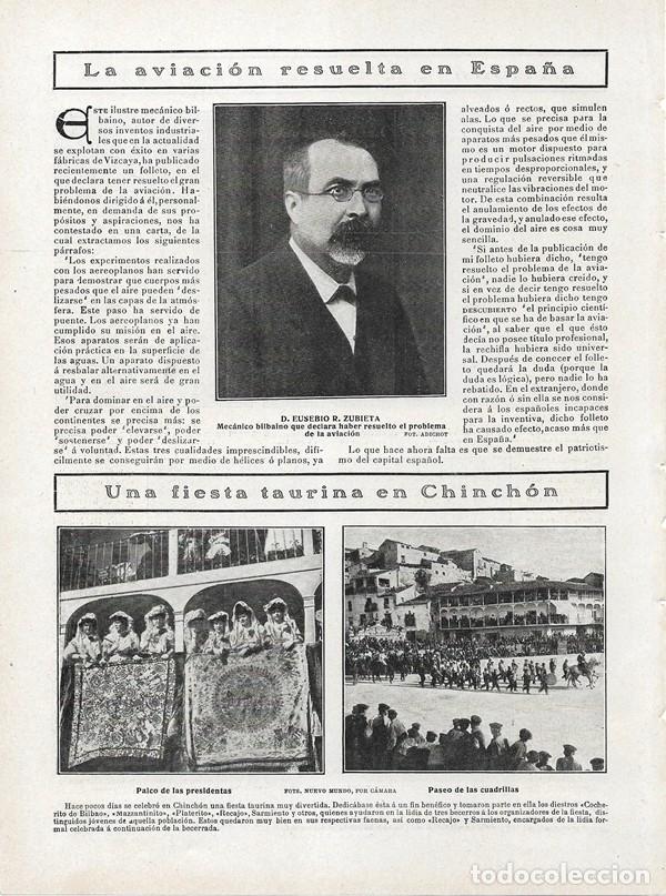 Coleccionismo de Revistas y Peri&oacute;dicos: 1908 HOJA REVISTA MADRID CHINCH&Oacute;N FIESTA TAURINA BECERRADA - AVIACI&Oacute;N AERON&Aacute;UTICA EUSEBIO R. ZUBIETA