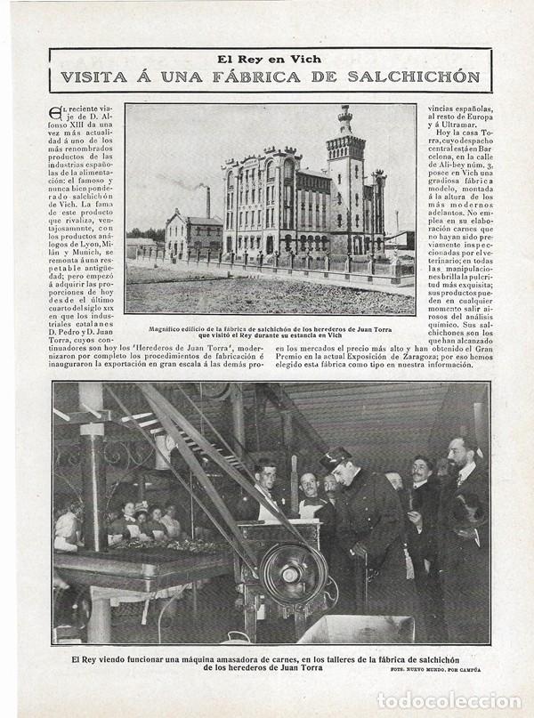 Coleccionismo de Revistas y Peri&oacute;dicos: 1908 HOJA REVISTA BARCELONA VICH VIC REY ALFONSO XIII VISITA F&Aacute;BRICA DE SALCHICH&Oacute;N DE JUAN TORRA