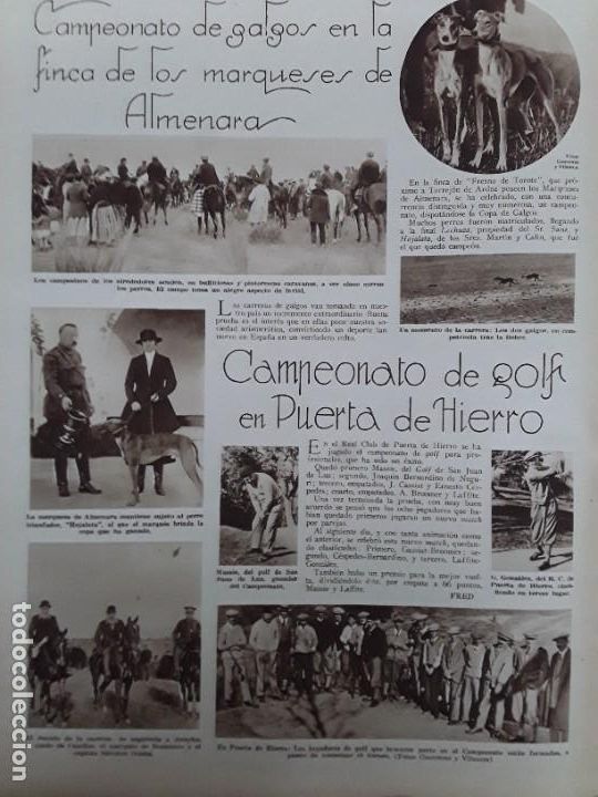 Sammeln von Zeitschriften und Zeitungen: CAMPEONATO GALGOS FINCA MARQUESES ALMENARA / CAMPEONATO GOLF PUERTA DEL HIERRO HOJA A&Ntilde;O 1928