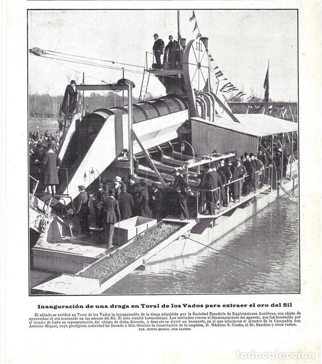 Collectionnisme de Revues et Journaux: 1908 HOJA REVISTA LE&Oacute;N TORAL DE LOS VADOS INAUGURACI&Oacute;N DE UNA DRAGA PARA BUSCAR ORO DEL R&Iacute;O SIL