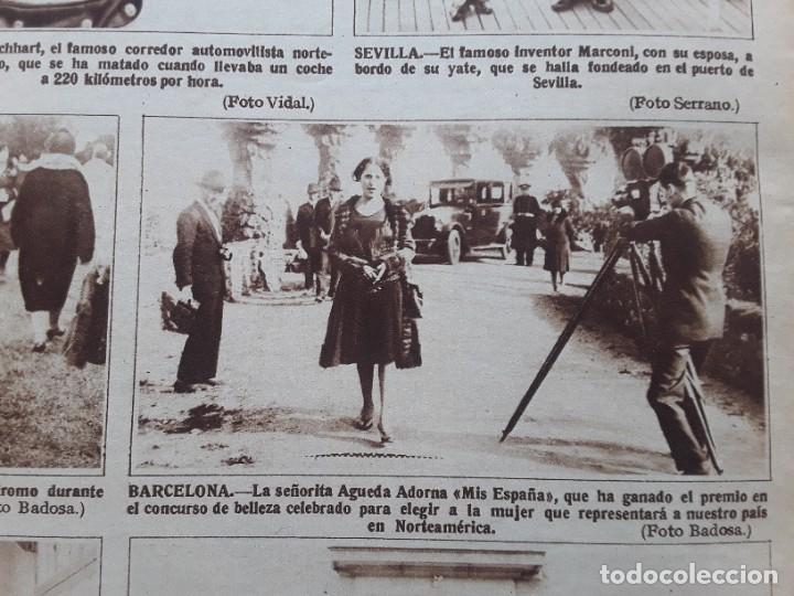 Collezionismo di Riviste e Giornali: AGUEDA ADORNA MISS ESPA&Ntilde;A BARCELONA / MARCONI INVENTOR EN SU YATE FONDEADO EN SEVILLA HOJA A&Ntilde;O 1928
