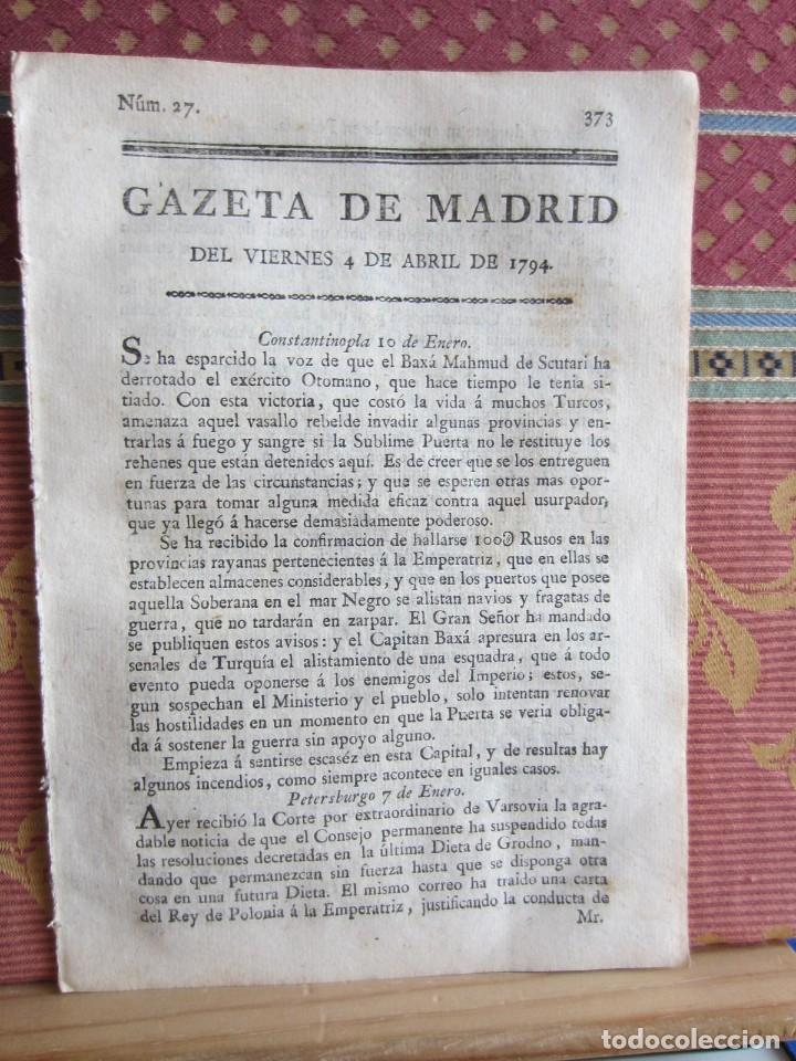 Coleccionismo de Revistas y Peri&oacute;dicos: 1794-GAZETA DE MADRID.CORTE GALA NACIMIENTO ANTONIO D PAULA.CONSAGRACI&Oacute;N IGLESIA S. PASCUAL ARANJUEZ