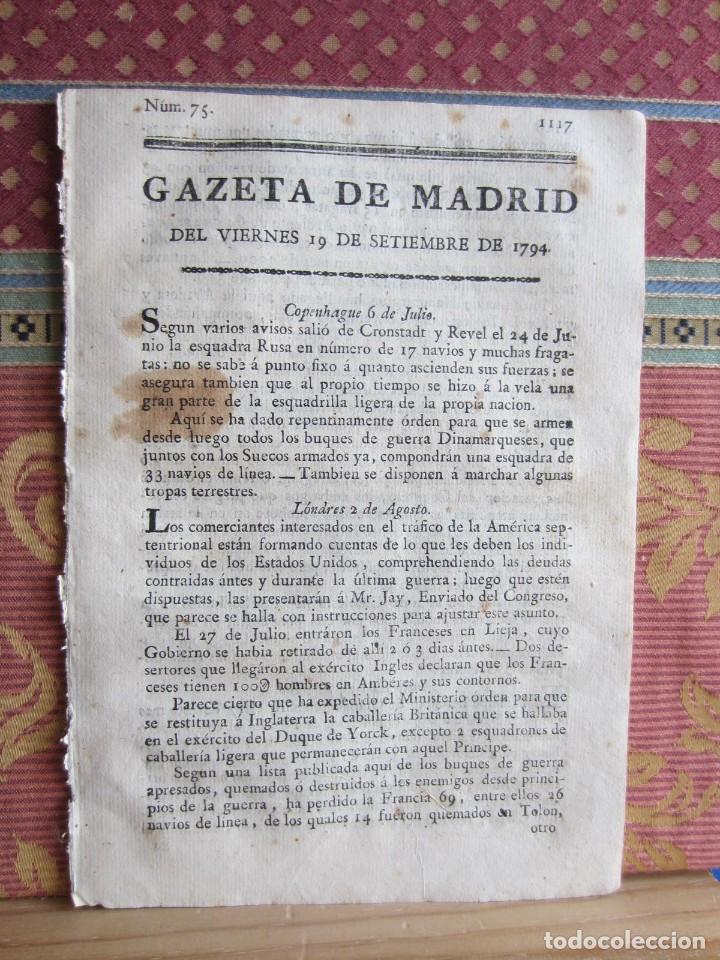 Sammeln von Zeitschriften und Zeitungen: 1794-GAZETA DE MADRID.C&Aacute;DIZ,NAV&Iacute;OS GUERRA HAVANA.TROPAS ARAG&Oacute;N,ASPE,PIETRAGEMA,LACHERITO,PUERTO PALO