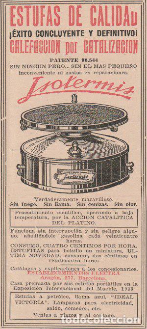 Coleccionismo de Revistas y Peri&oacute;dicos: Publicidad calefacci&oacute;n por catalizaci&oacute;n (estufas) ISOTERMIS - 1927