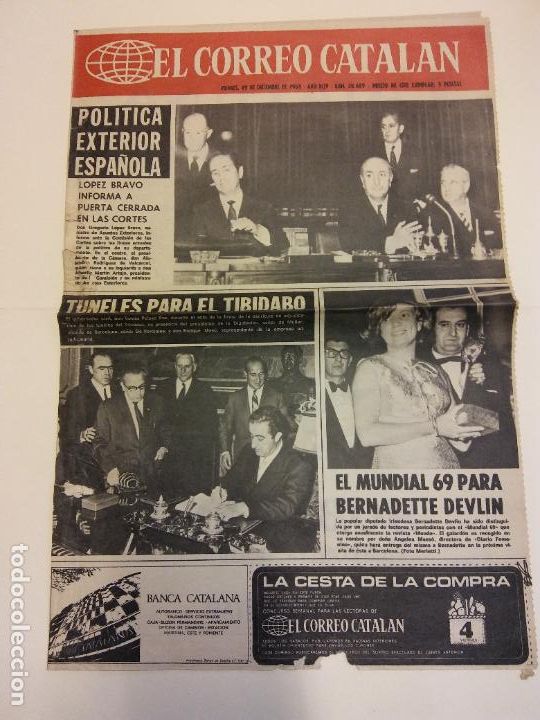 Coleccionismo de revistas y peri&oacute;dicos: EL CORREO CATALAN. DICIEMBRE 1969. 2 P&Aacute;GINAS. POL&Iacute;TICA EXTERIOR ESPA&Ntilde;OLA. TUNELES PARA EL TIBIDABO
