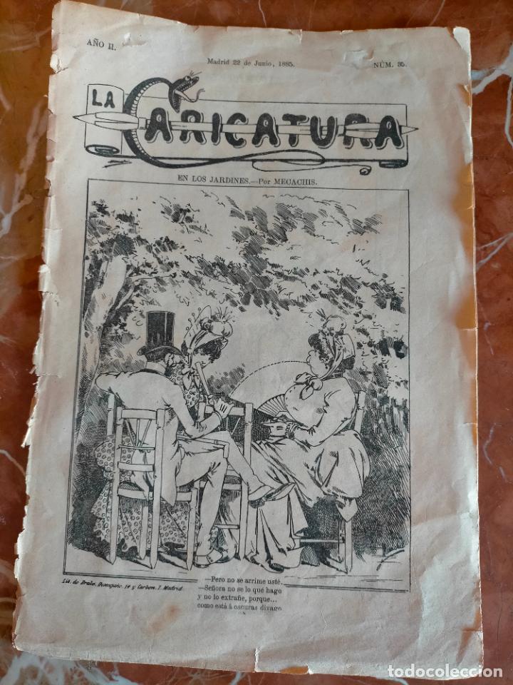 Collection Magazines and Newspapers: Revista antigua la caricatura A&ntilde;o II 1885 n&uacute;mero 35 en los jardines por mecachis celebridades Gr&eacute;vin