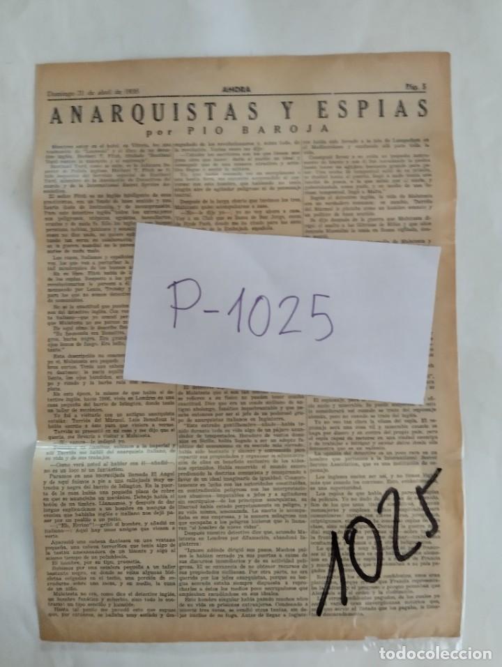 Coleccionismo de revistas y peri&oacute;dicos: LITERATURA ESPA&Ntilde;OLA. PIO BAROJA. ANARQUISTAS  Y  ESPIAS. 1935.