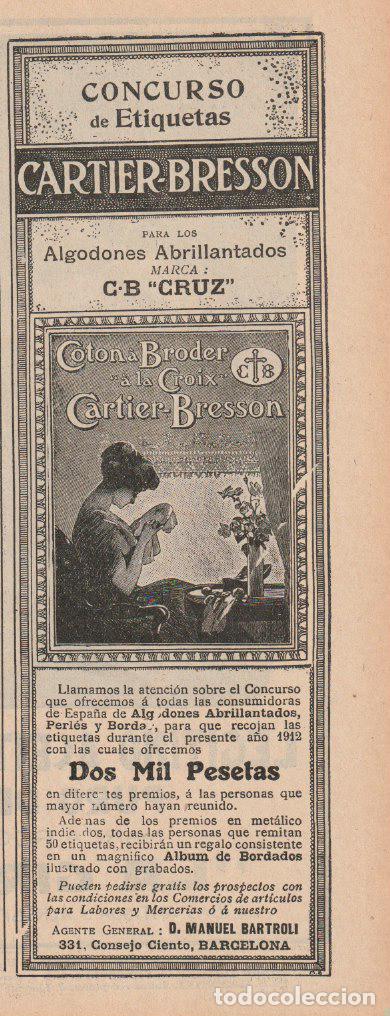 Coleccionismo de Revistas y Peri&oacute;dicos: Publicidad concurso de etiquetas Cartier-Bresson, algodones abrillantados C.B. - 1912