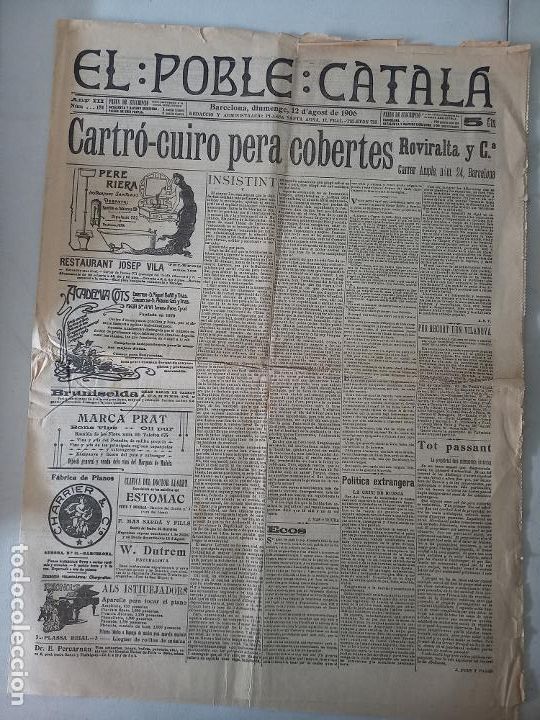 Coleccionismo de revistas y peri&oacute;dicos: EL POBLE CATALA. 12 AGOST 1906