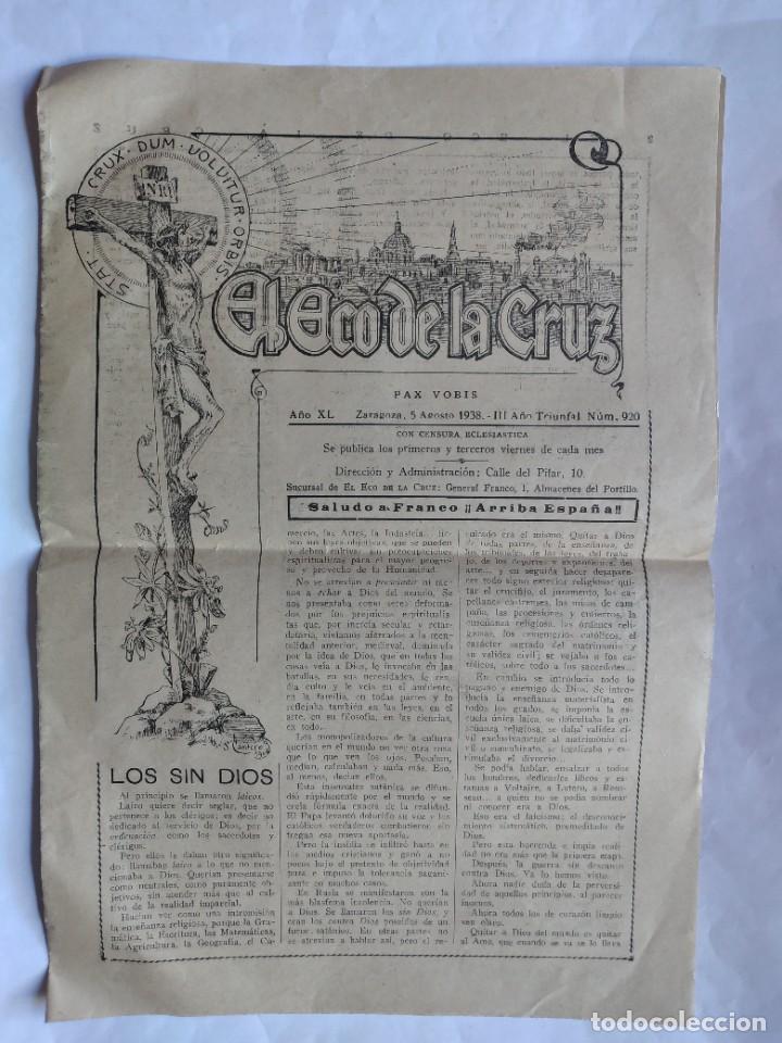 Coleccionismo de revistas y peri&oacute;dicos: EL ECO DE LA CRUZ ZARAGOZA AGOSTO 1938 II A&Ntilde;O TRIUNFAL N&ordm; 920 GUERRA CIVIL CON CENSURA ECLESI&Aacute;STICA