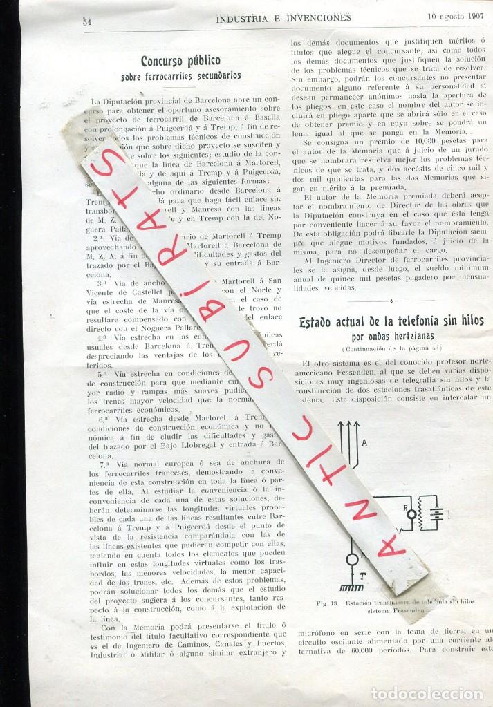 Collectionnisme de Revues et Journaux: RECORTE PRENSA A&Ntilde;O 1907 CONCURSO PUBLICO FERROCARRIL DE BARCELONA A BASELLA PUIGCERDA A TREMP